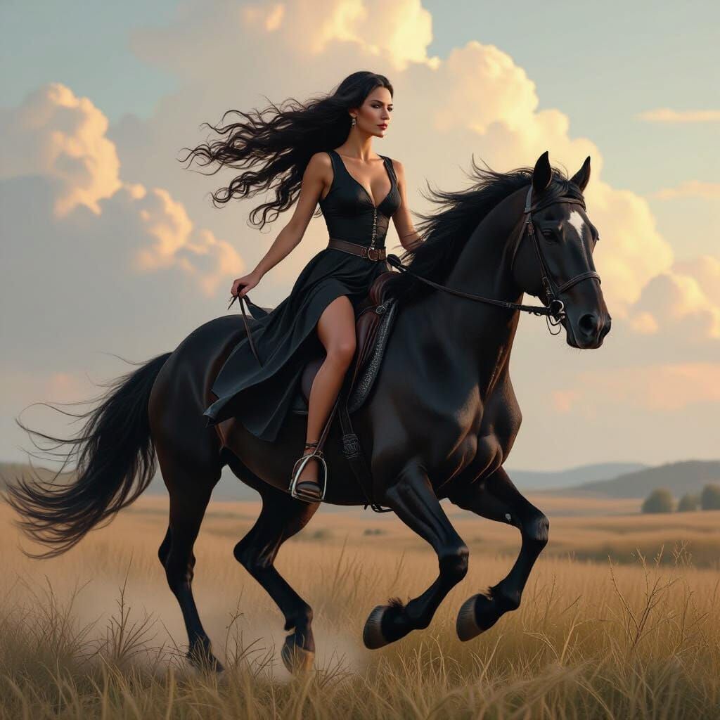 Woman Galloping on Horse in Detailed Matte Painting