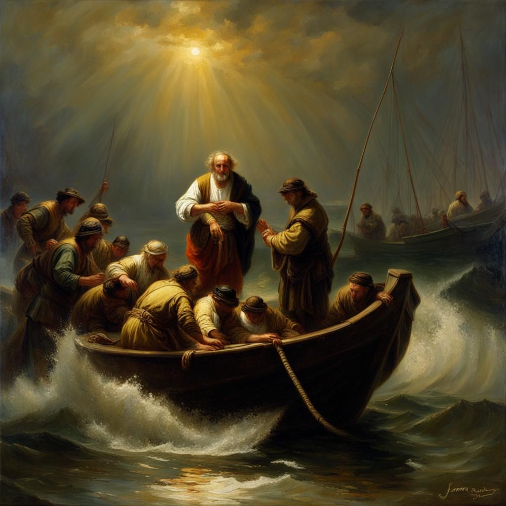 Fishermen in Rembrandt Style Oil Painting