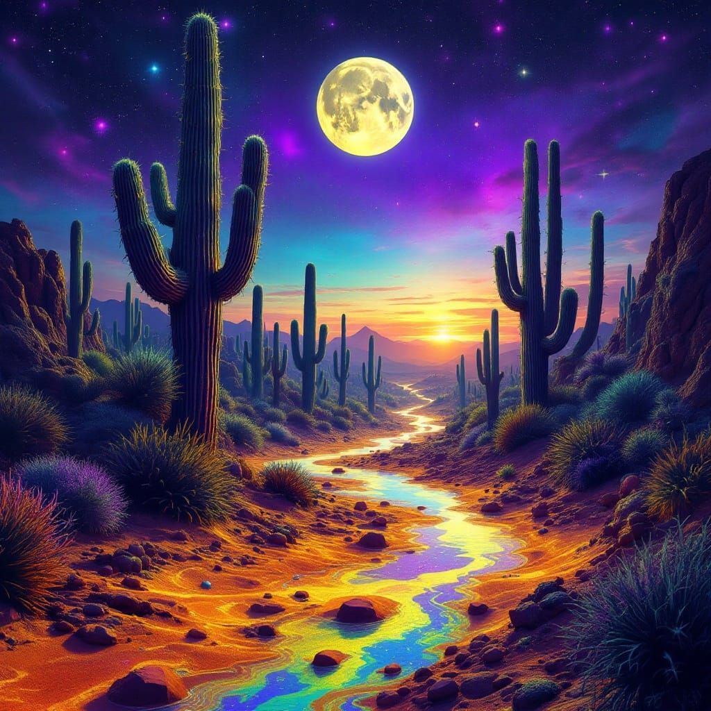 Surreal Sonoran Dreamscape Unfolds under Fractured Moonlight
