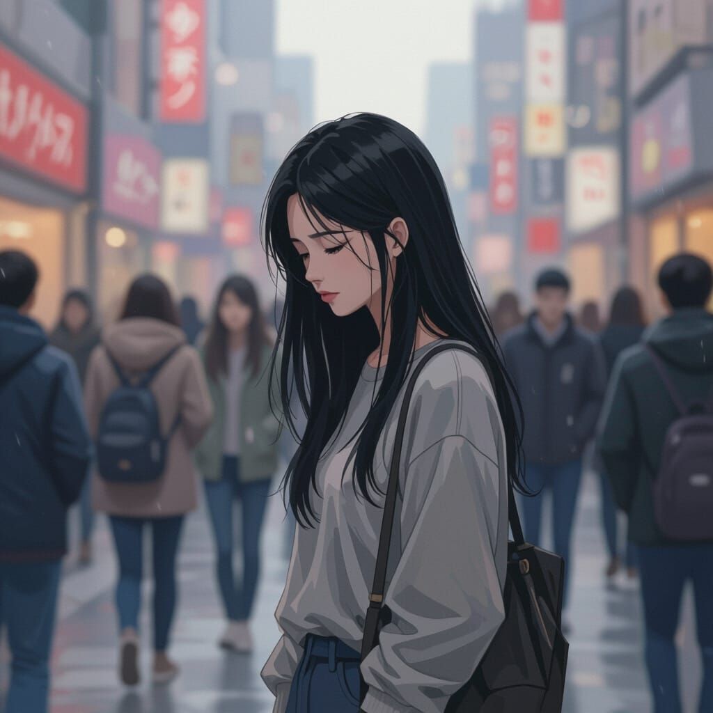 Melancholic Woman in Crowded City Street
