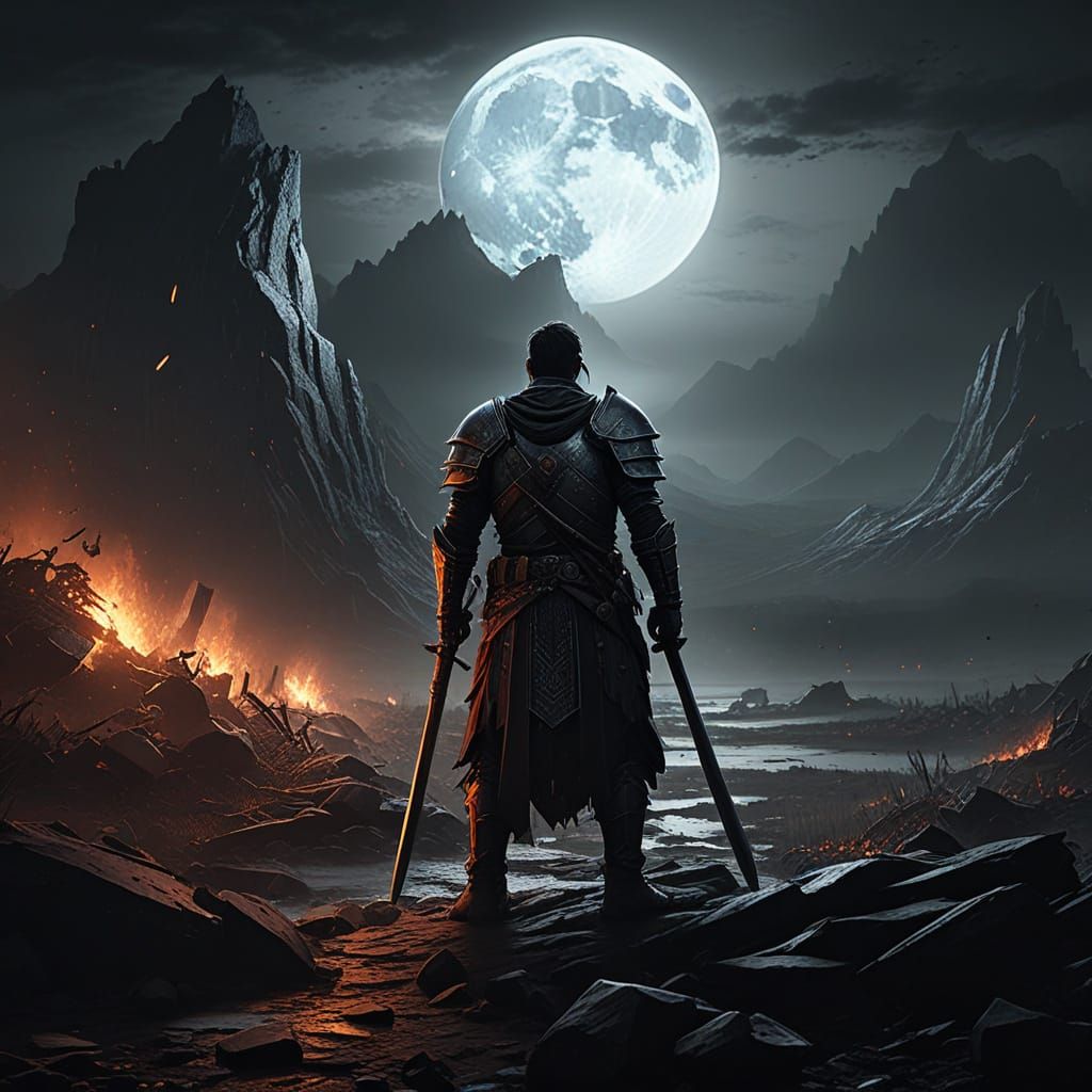 Fallen Warrior on Bloody Battlefield Under Moonlit Sky