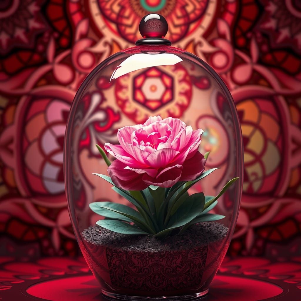 Pink Carnation in Red Glass Terrarium: Stained Glass Art