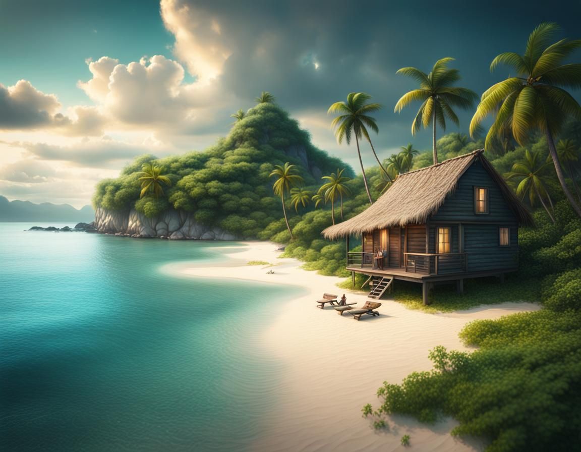 Tropical Island Cabin Picnic: Digital Matte Painting