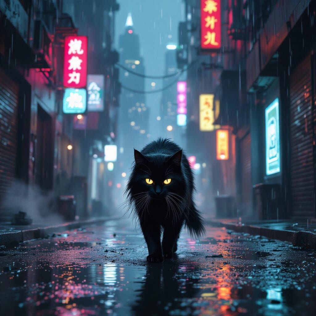 Cyberpunk City Alley Cat in Neon Rain