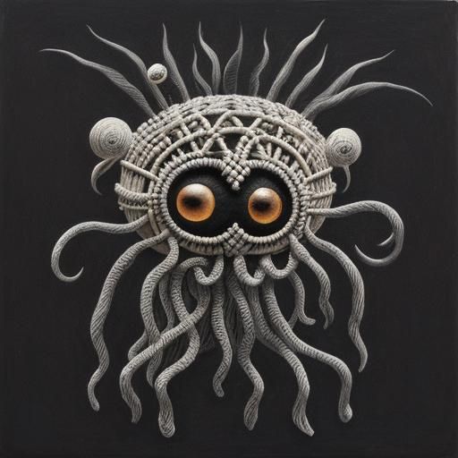 Surreal Macrame Creature in Charcoal, Melting Oil