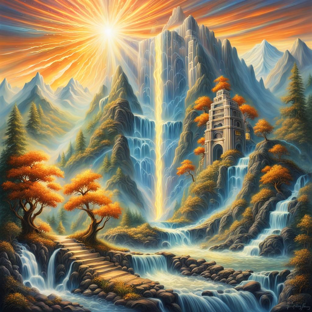 Fantastical Fairy in Waterfall Landscape, Airbrush Art