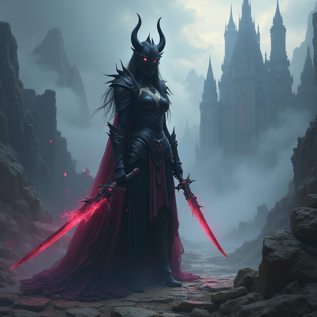 Gothic Battle Goddess in Ruined Landscape