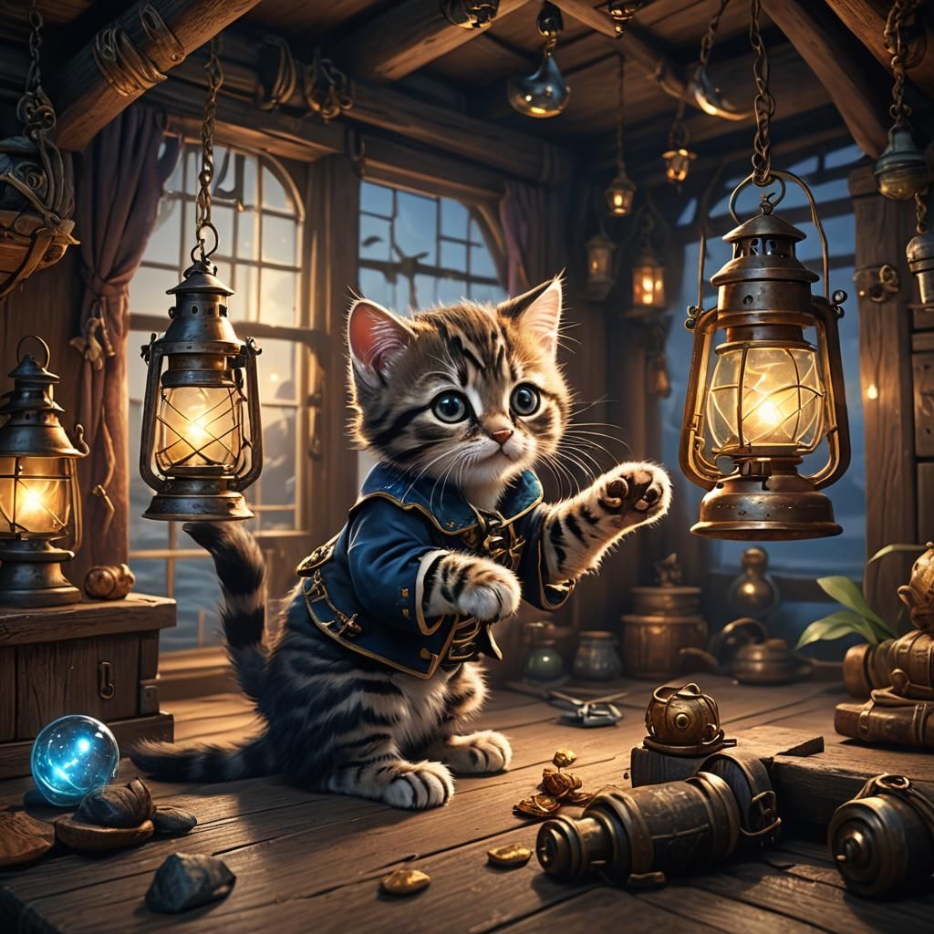 Kitten and Firefly in Pirate Cabin