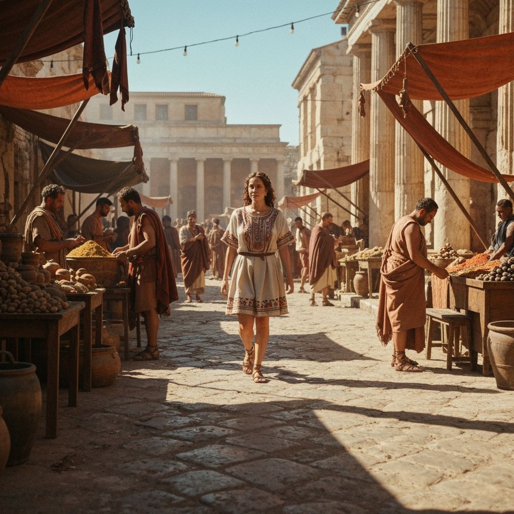 Ancient Roman Market Scene with Woman at Fountain