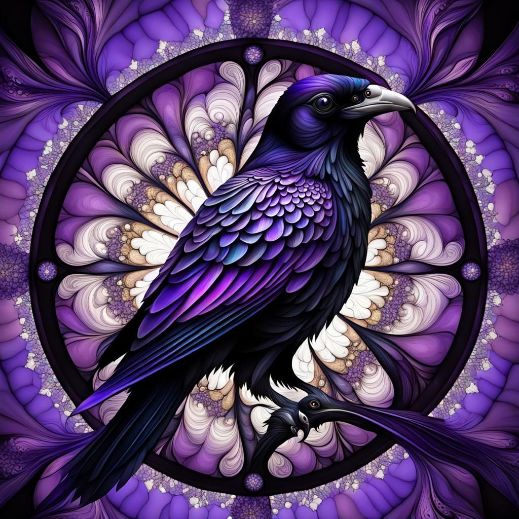 Purple Stained Glass Mosaic Raven Fractal Art