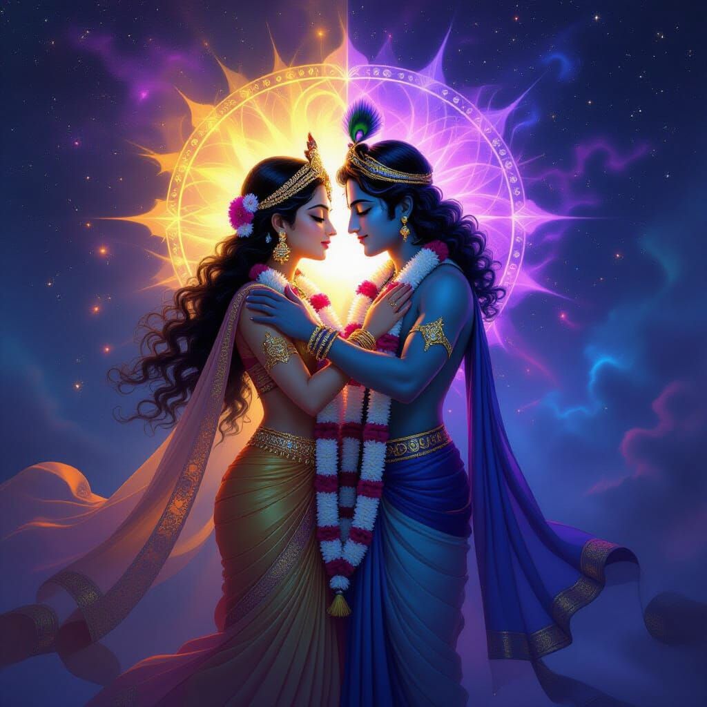 Divine Radhika Krishna Embrace in Cosmic Aura
