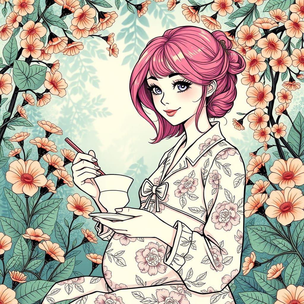Elegant Woman Sips Tea in a Whimsical Garden