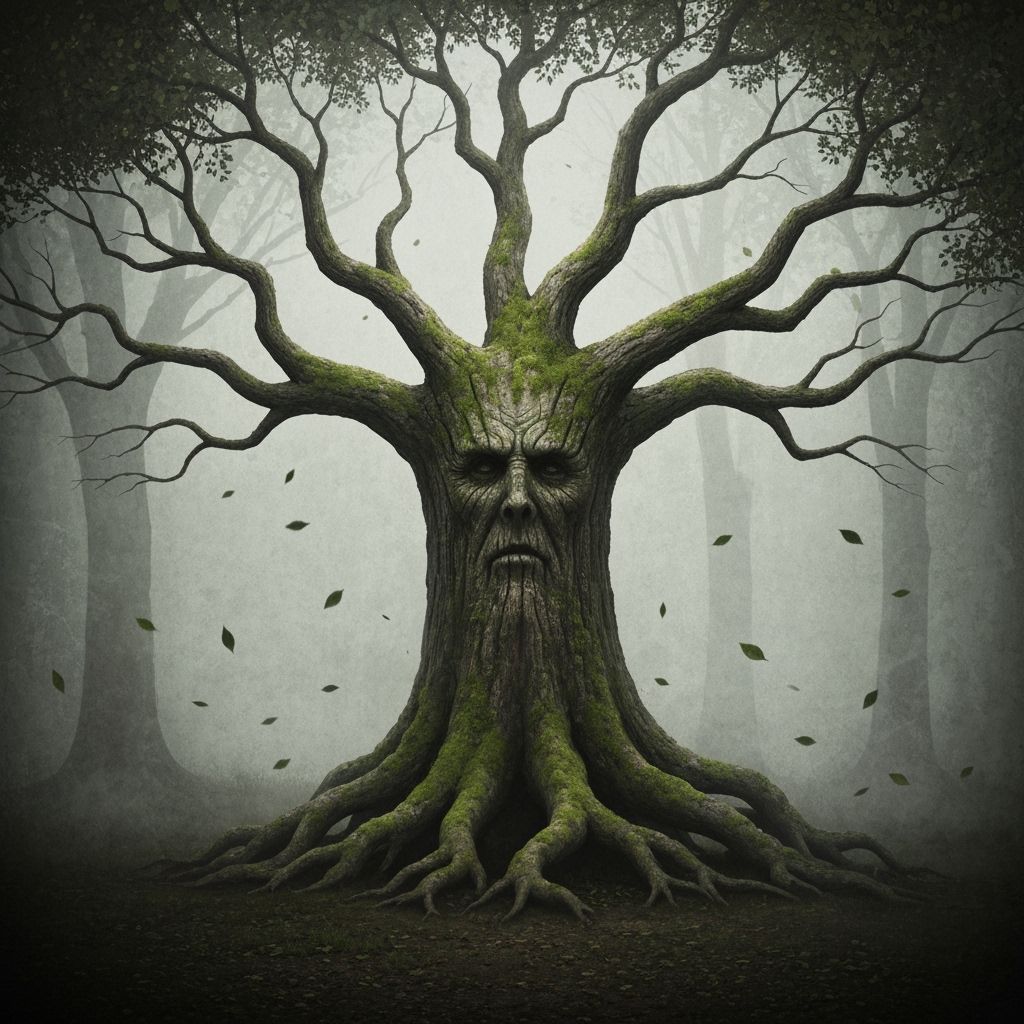 Mystical Tree with Face in Dark Fantasy Forest