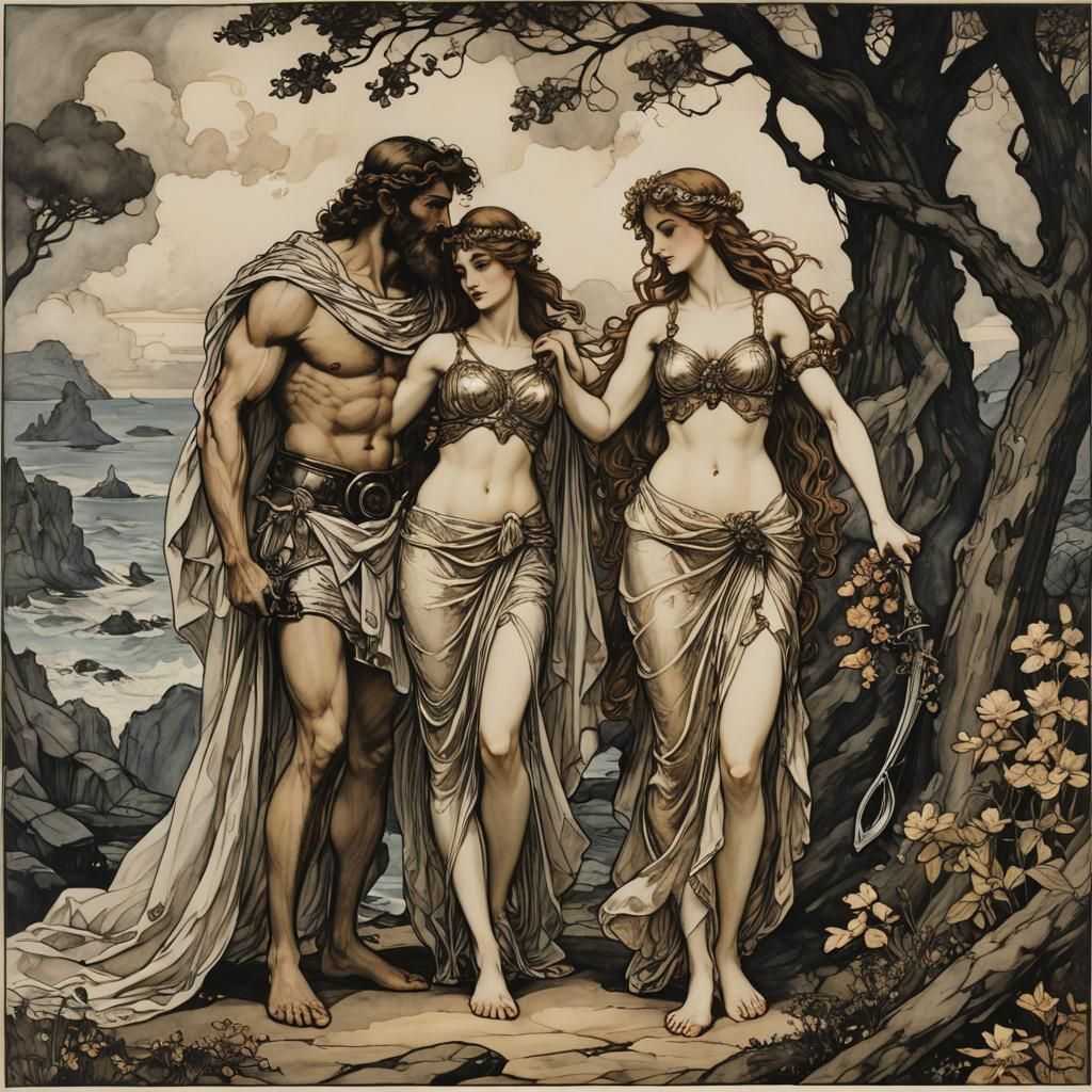 Hephaestus and Aphrodite's Marriage in Rackham Style