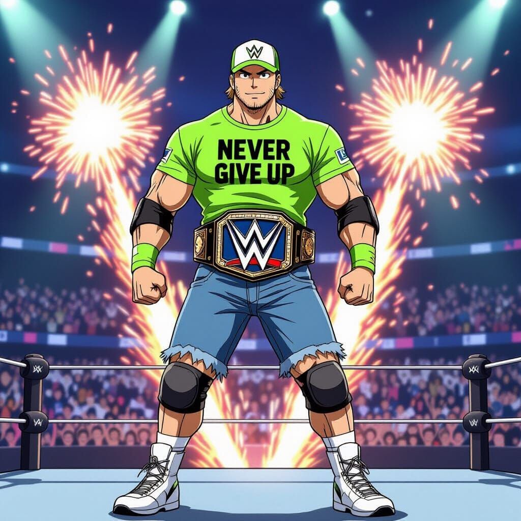 Anime Wrestler with WWE Belt on Stage, Vibrant Pyro