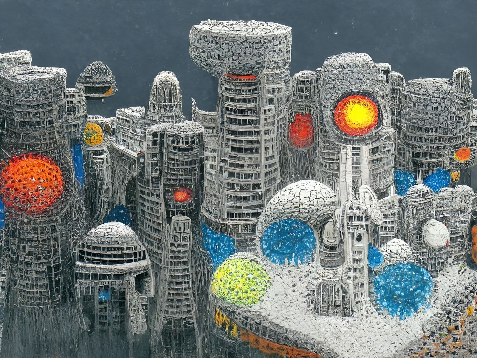 Futuristic City in Kinetic Pointillism Style
