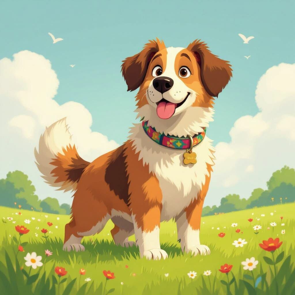 Giant Dog in Meadow, Beatrix Potter Style