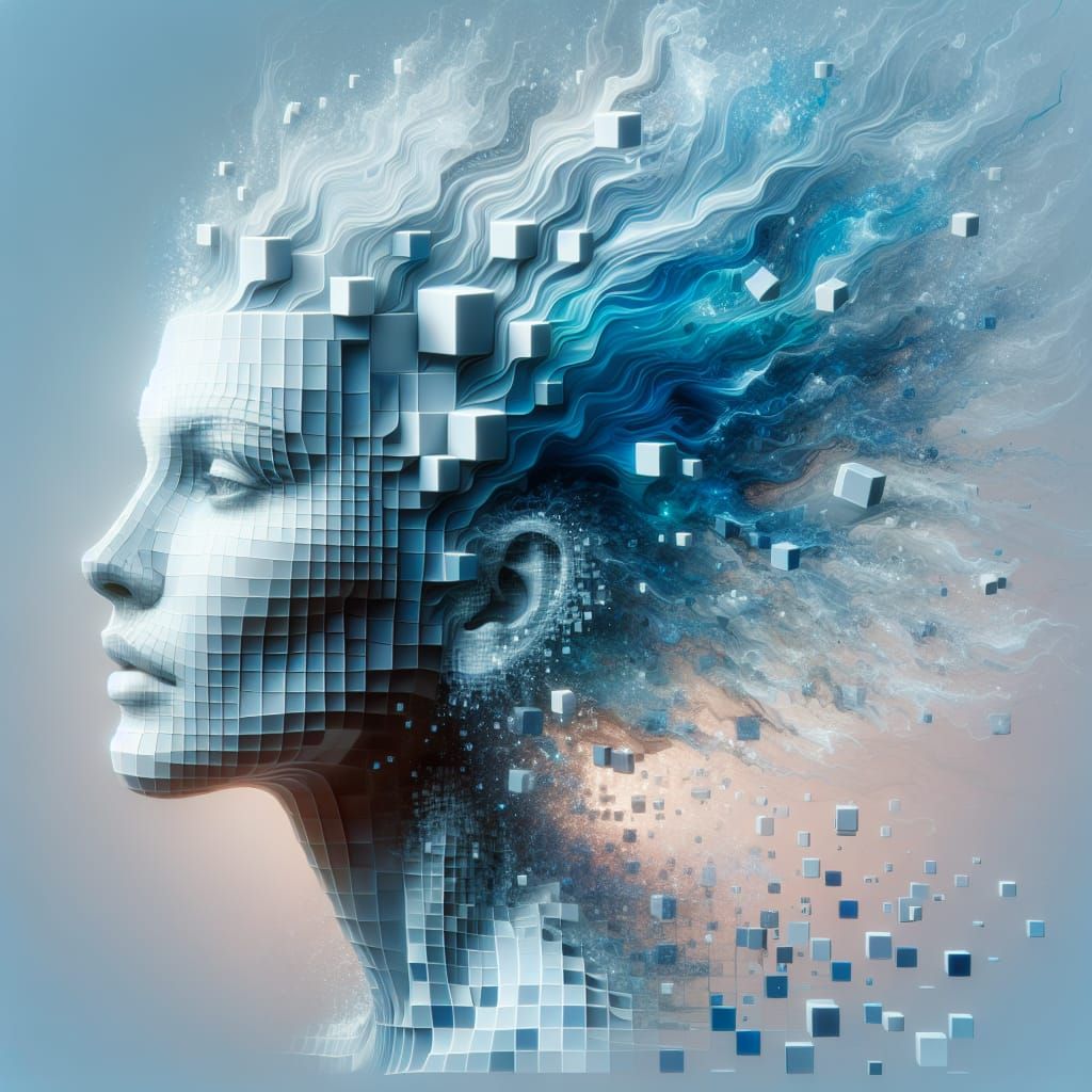 Ethereal Woman with Melting Cranium in Light Blue Tones