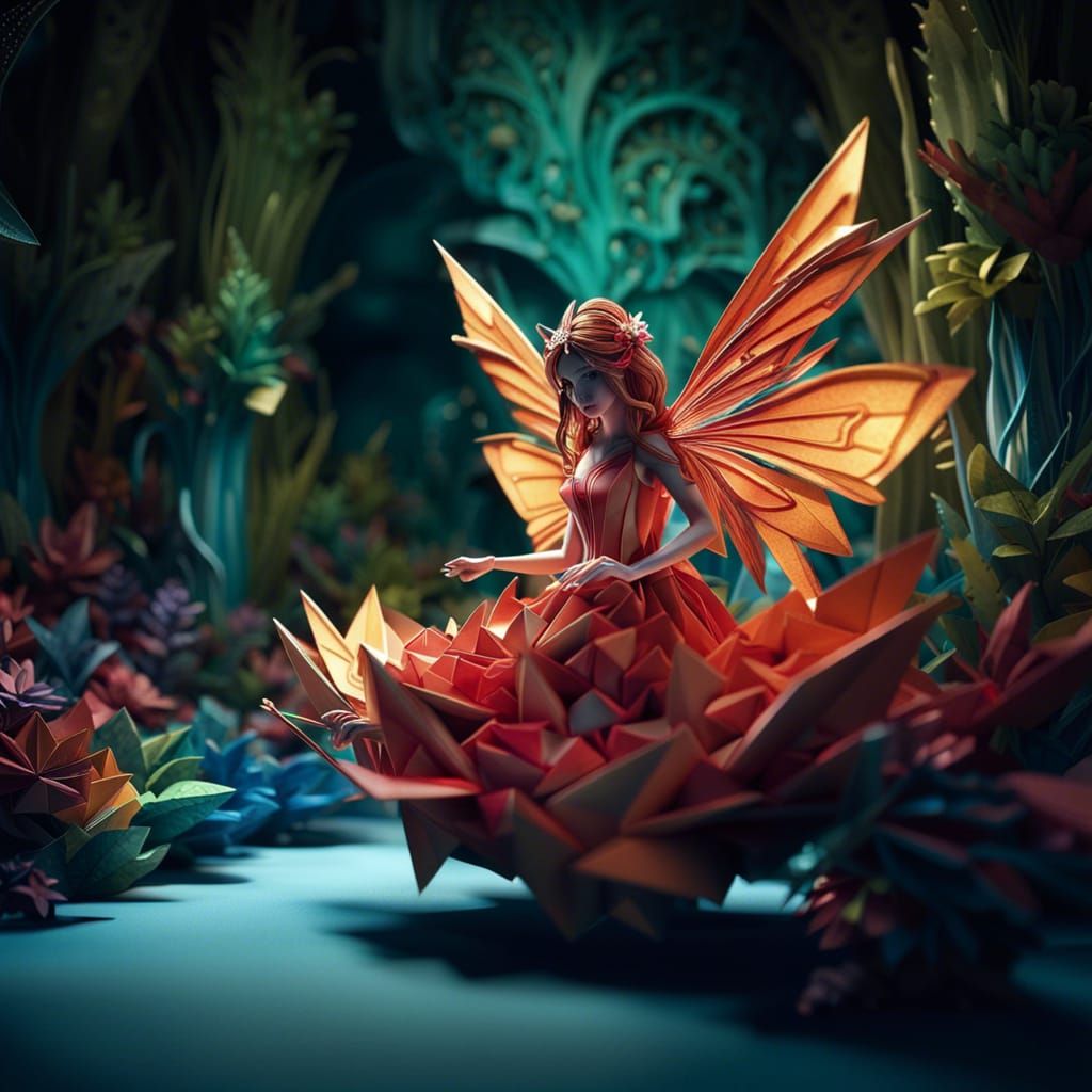 Detailed Origami Fairy Paper Art in Digital Style
