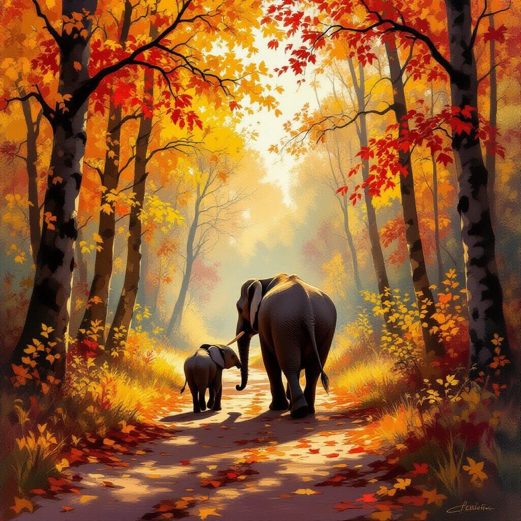 Elephant Family in Golden Autumn Forest