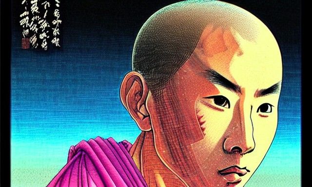 Wise Manga Monk Portrait in Glitchcore Style