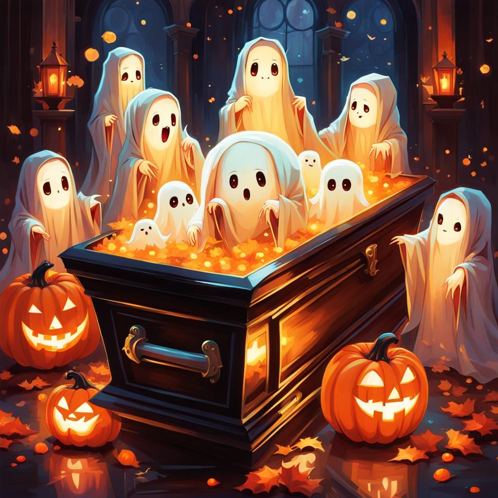 Chibi Ghosts in Haunted Castle, Digital Art