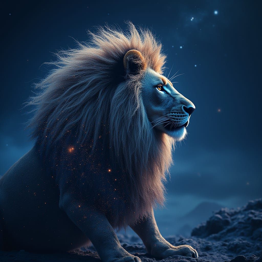 Regal Lion Amidst Celestial Cosmic Futurism