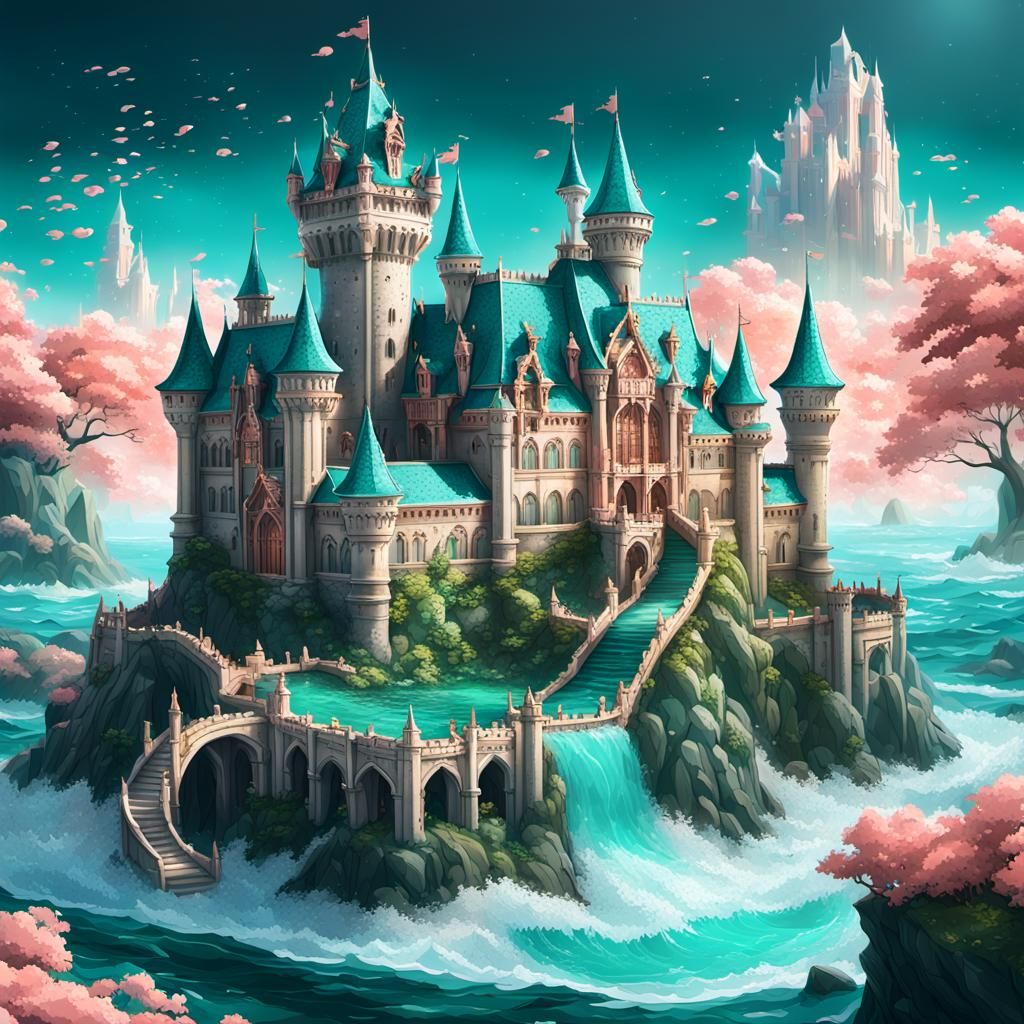 Teal and Rose Fantasy Castle with Sea Monster in 3D Anime Ar...