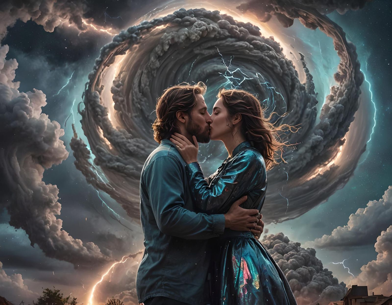 Kissing Couple Amidst Approaching Cosmic Tornado
