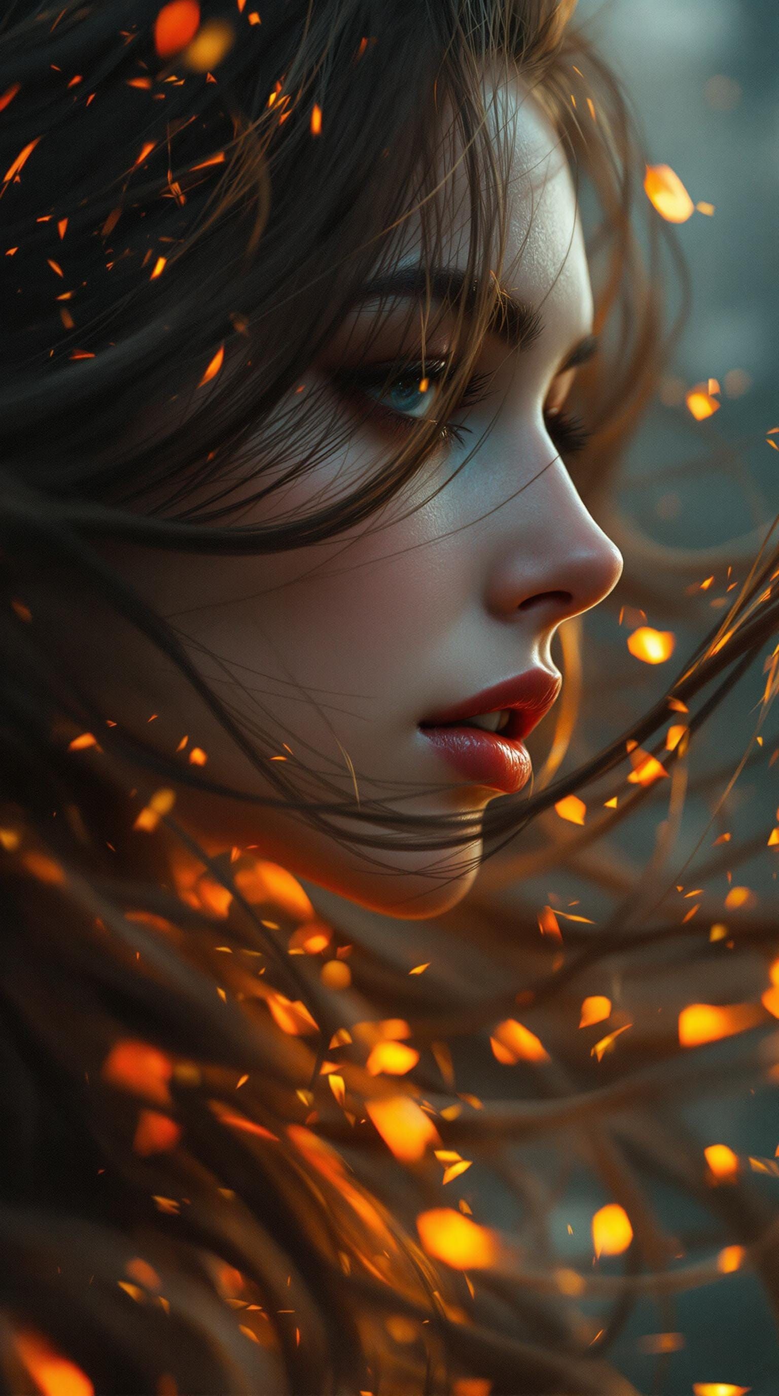 Woman with Flowing Fire Hair: Cinematic Digital Art