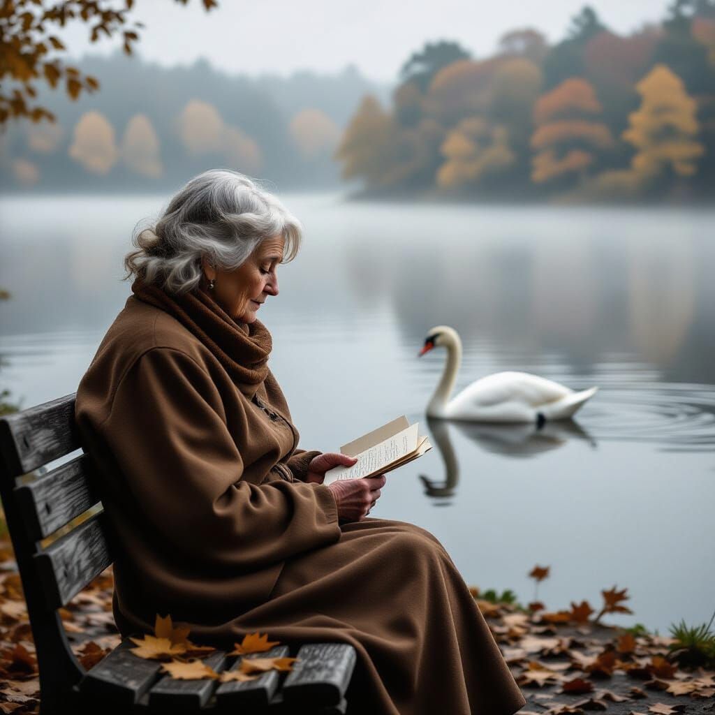 Elderly Woman by Lake: Cinematic Film Still