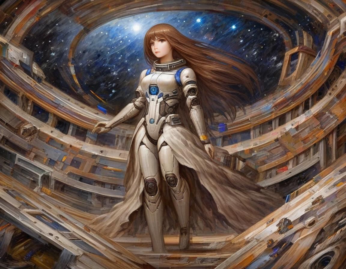 Android Woman in Space: A Pre-Raphaelite Oil Painting