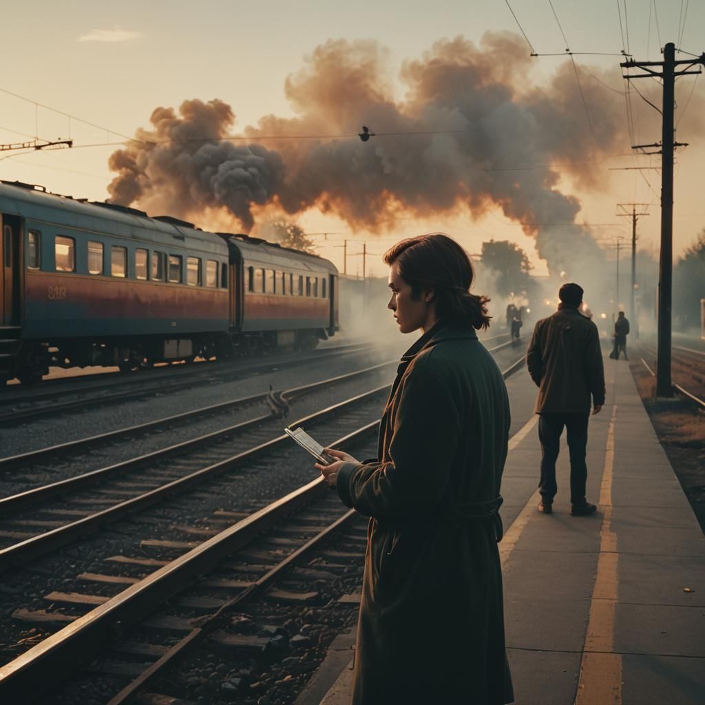 Nostalgic Film Still of Man and Departing Train
