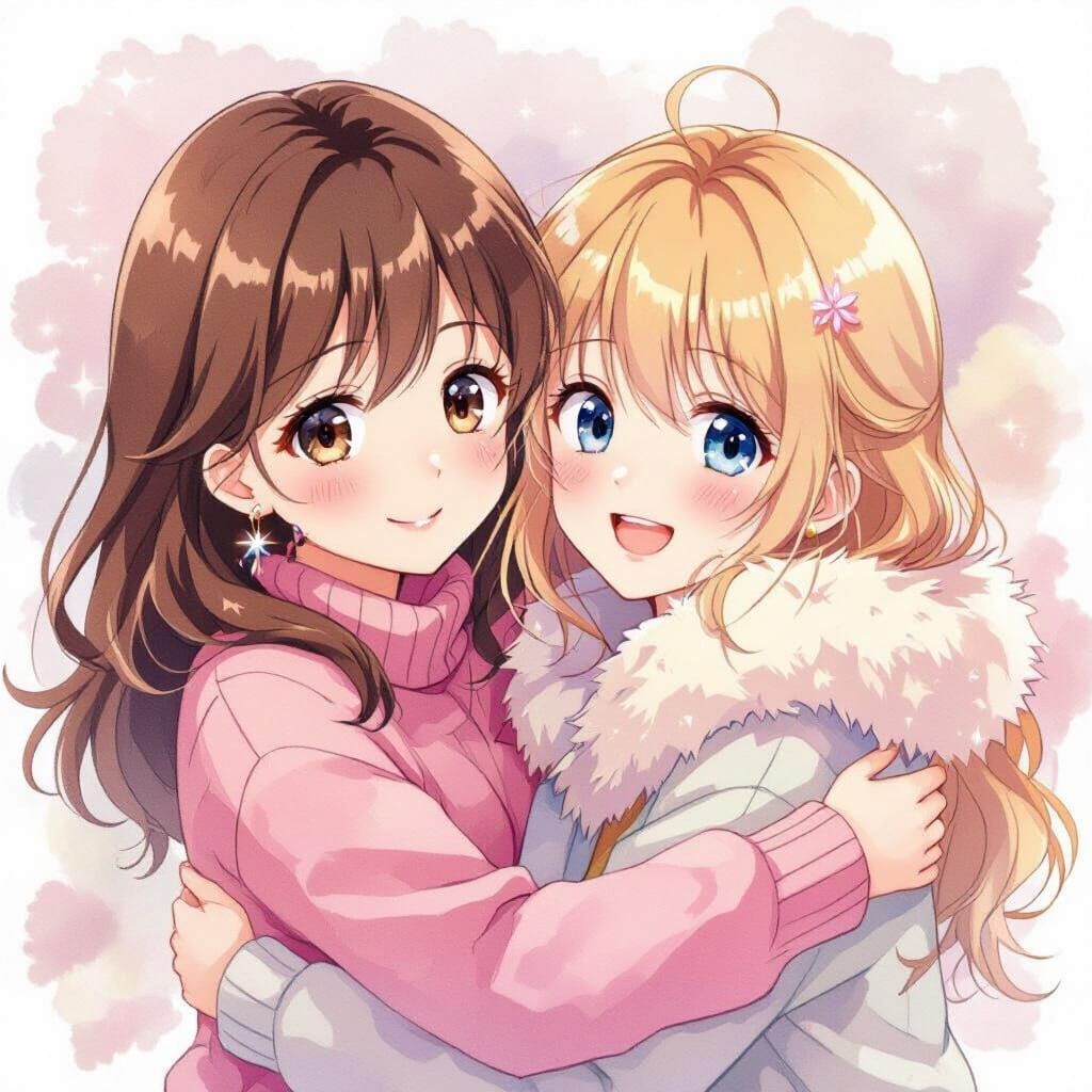 Anime Girls Warm Embrace in Watercolor Style