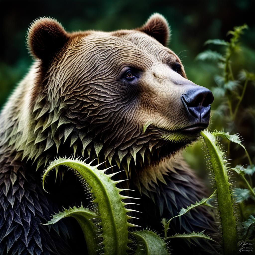 Robotic Cyborg Bear Portrait in Volcanic Jungle