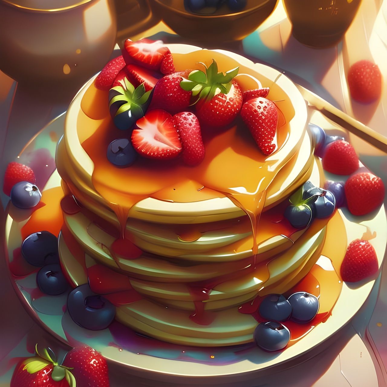 Delicious Pancake Breakfast with Fruit and Syrup