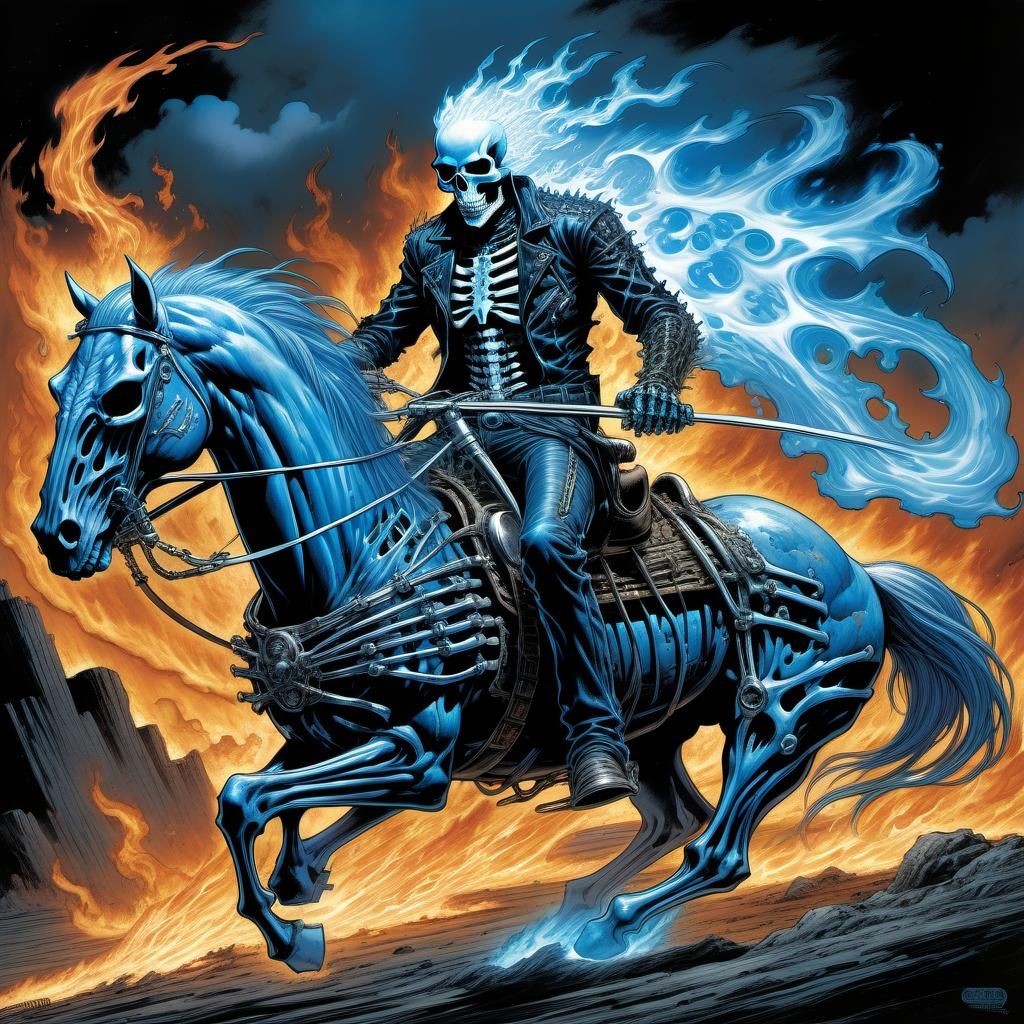 Ghost Rider on Flaming Skeleton Horse Comic Art