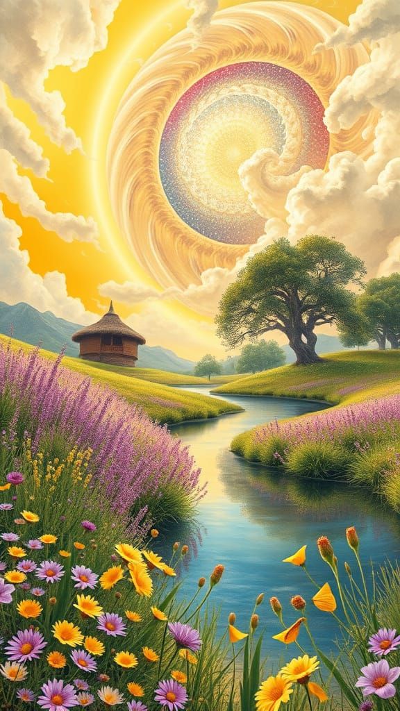 Surreal Klimt-Inspired Landscape with Fractal Patterns and V...