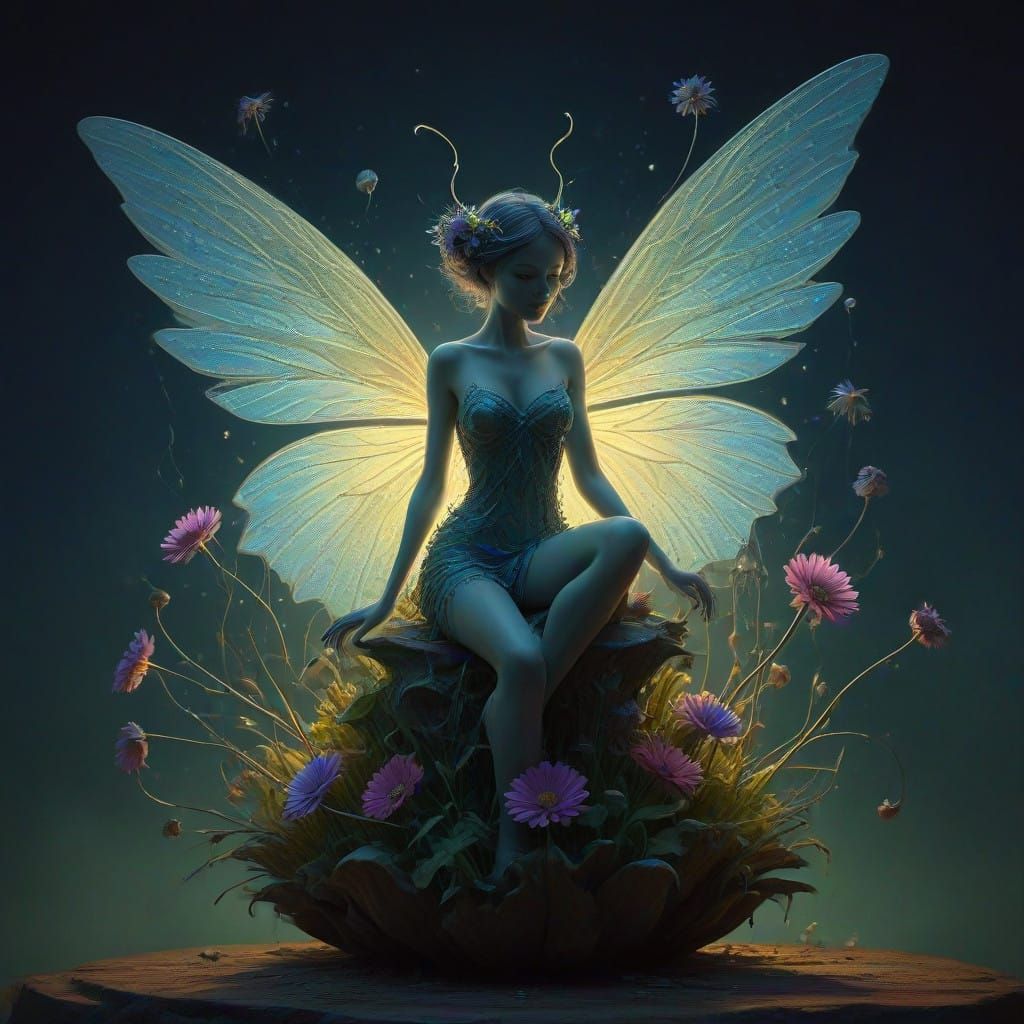 Surreal Fairy Merges with Vibrant Flower Arrangement in Whim...