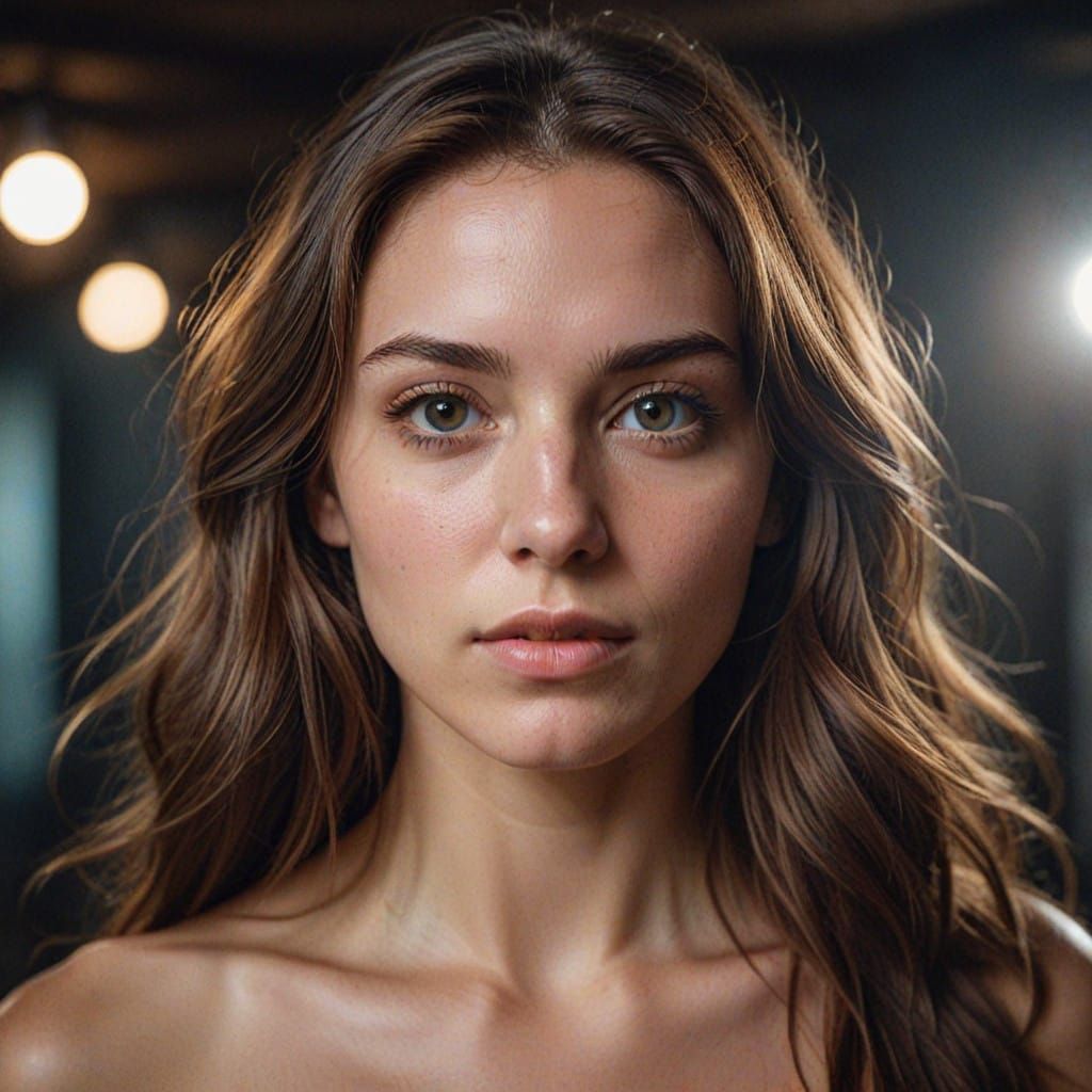 Ethereal Young Woman with Long Brown Hair in Cinematic Film...