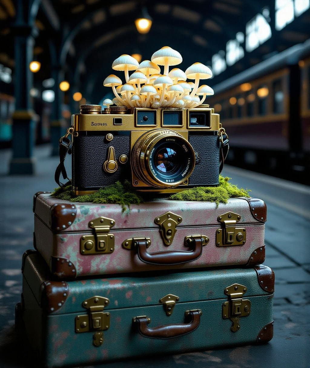 Bioluminescent Mushrooms Growing on Antique Camera