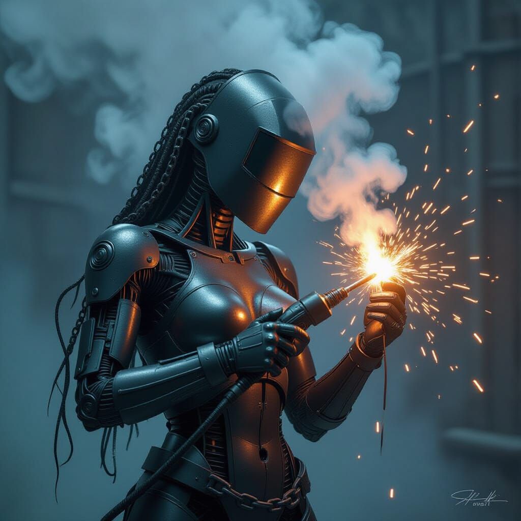 Metallic Woman Welding Herself Together: Digital Art