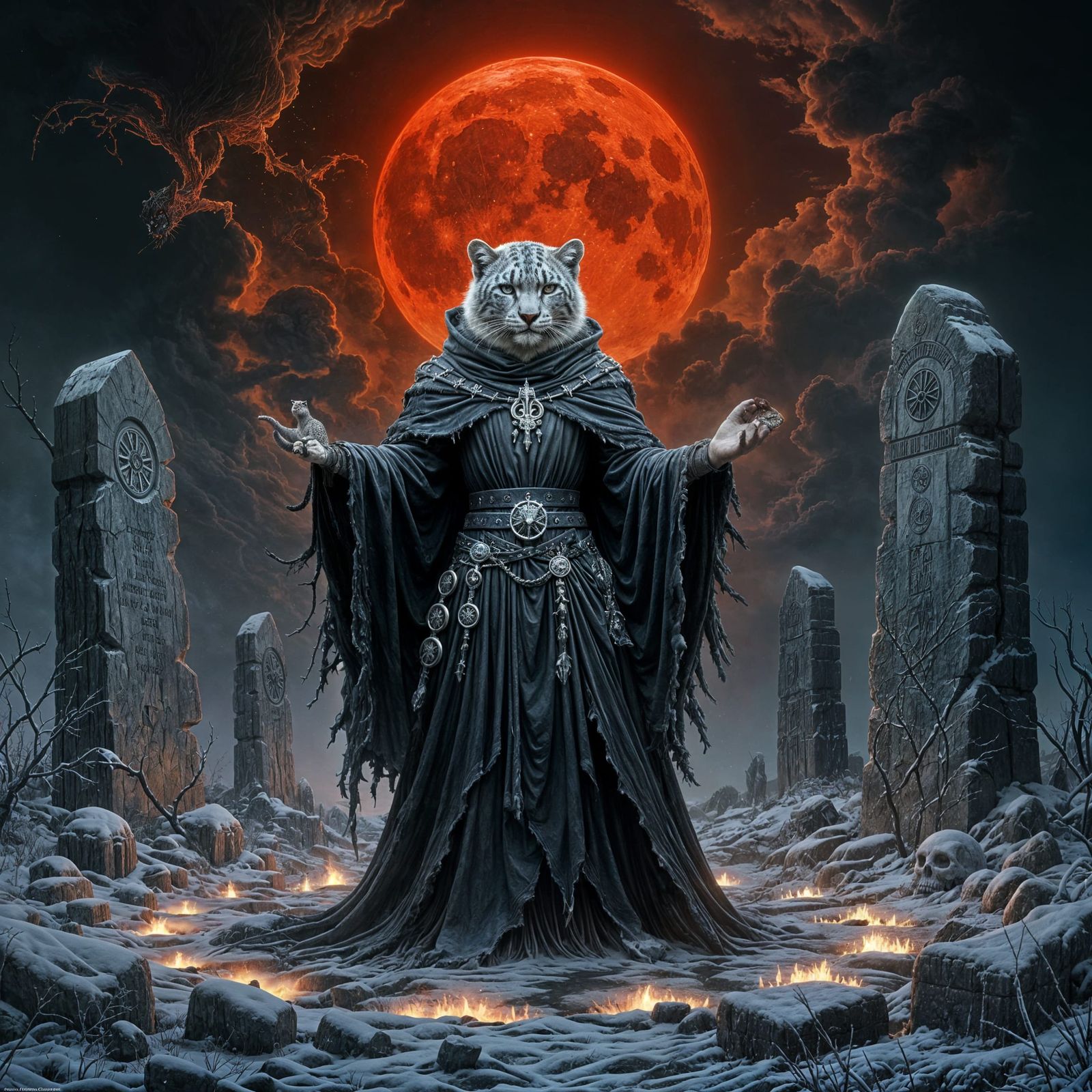 Snow Leopard Necromancer Under Blood Moon in Stone Circle