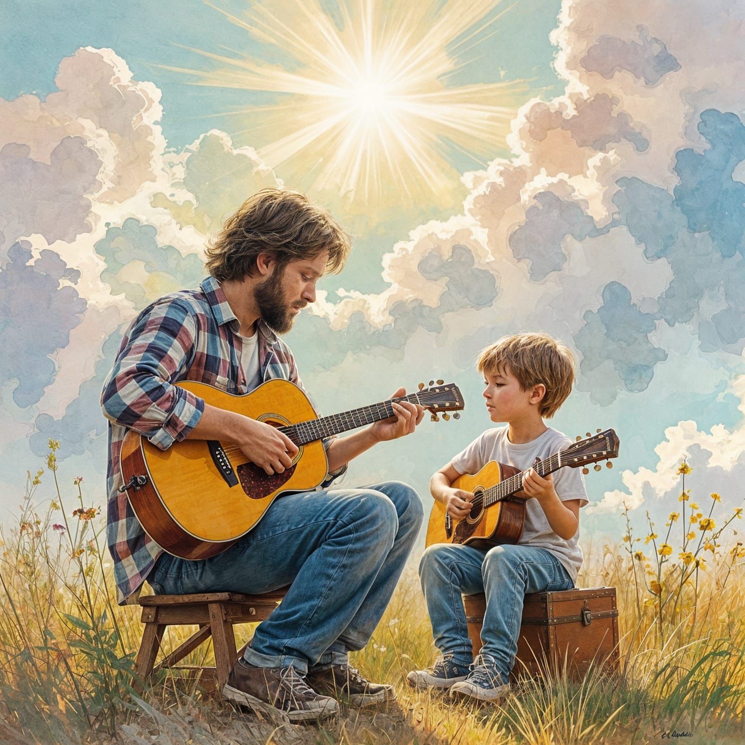 Father and Son Guitar Lesson in Gouache Style