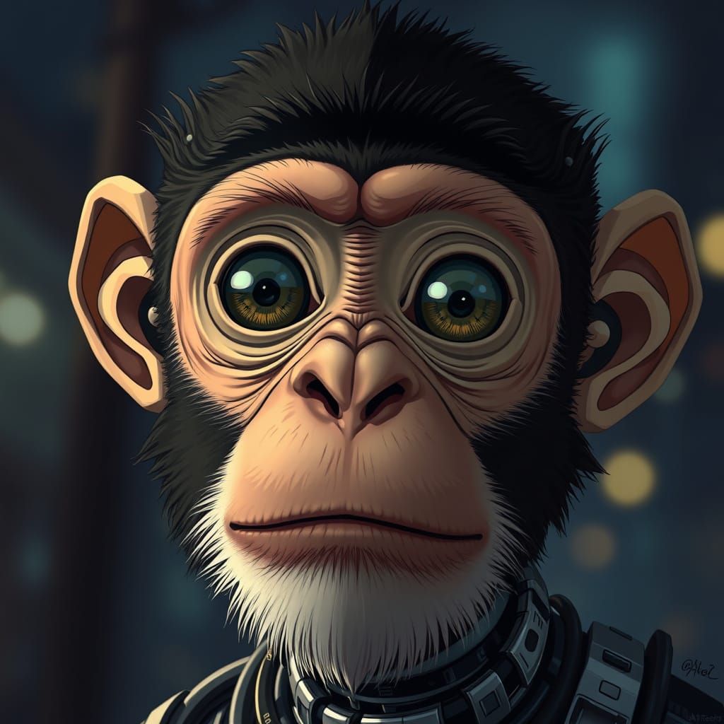 Cyborg Monkey Portrait in Anime Style