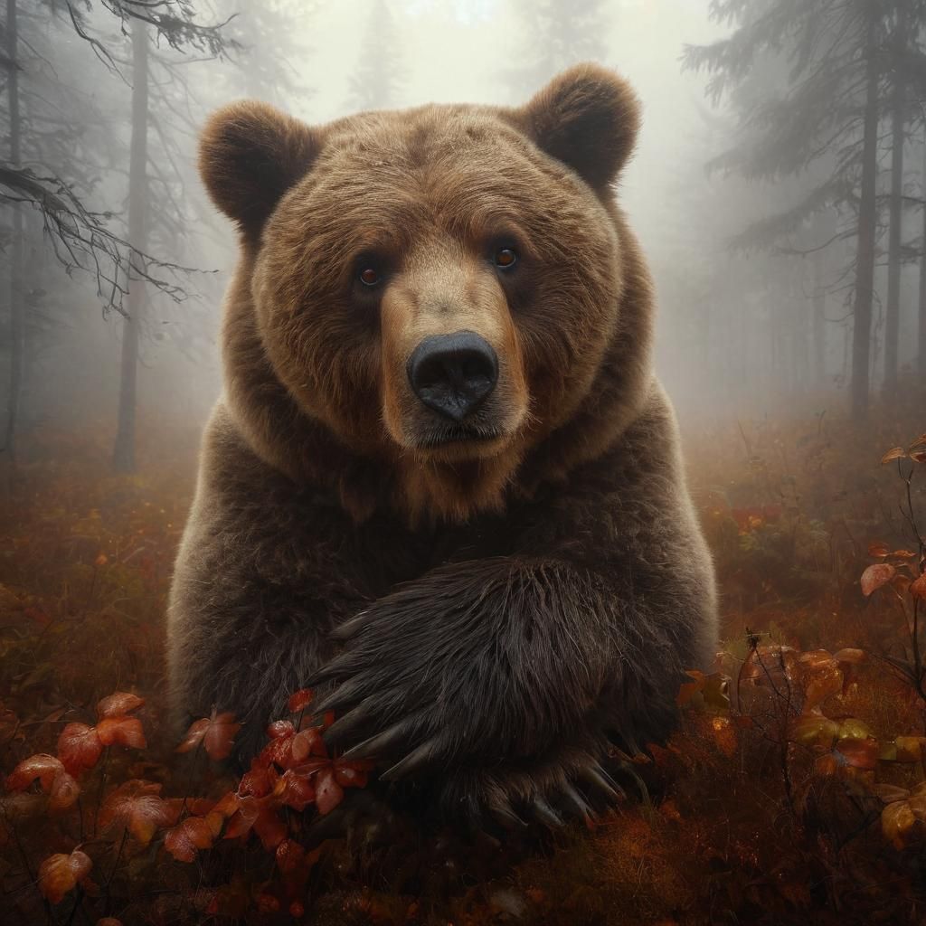 Concerned Kodiak Bear in Misted Autumn Woodland
