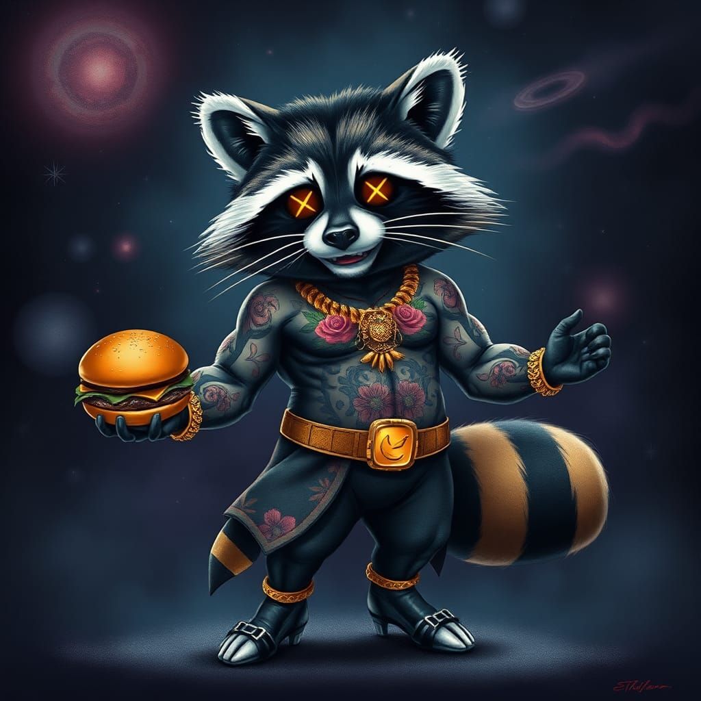 Muscular Space Raccoon With Floral Tattoos in Cosmic Scene