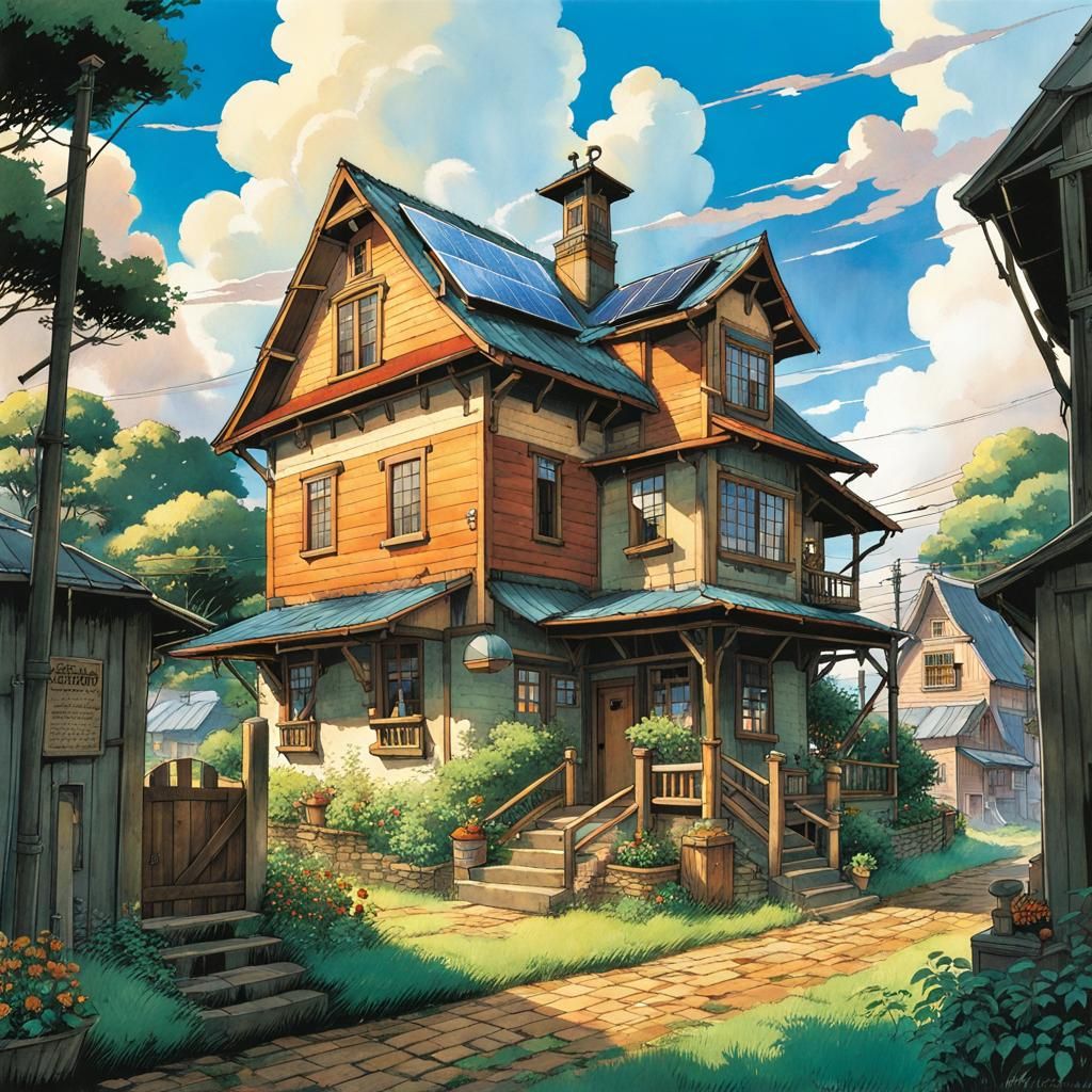 Cozy Solarpunk Farmhouse in the City: Ghibli-esque Art