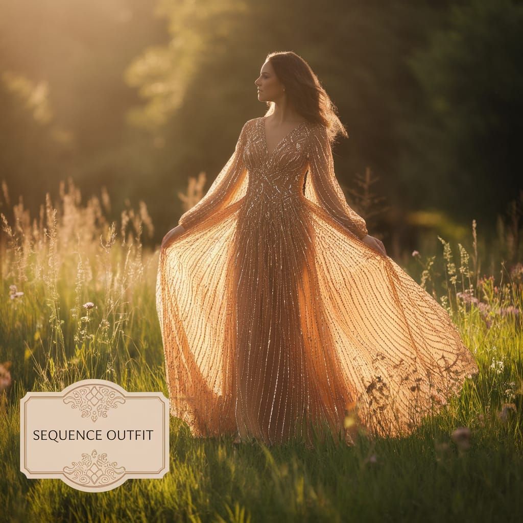 Woman in Sunlit Meadow with Flowing Patterned Dress