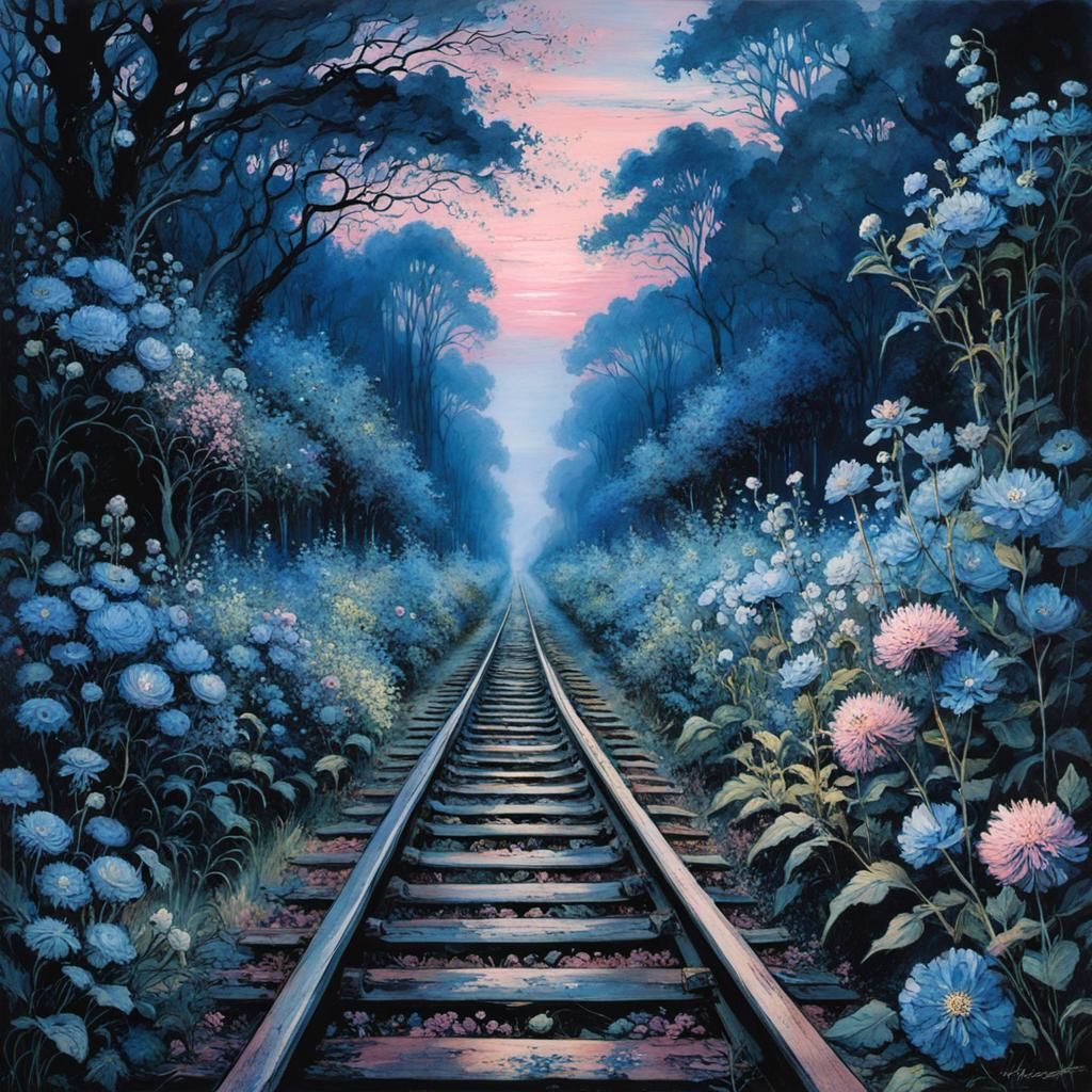 Train Tracks Overgrown with Blue Flowers in Pink Light